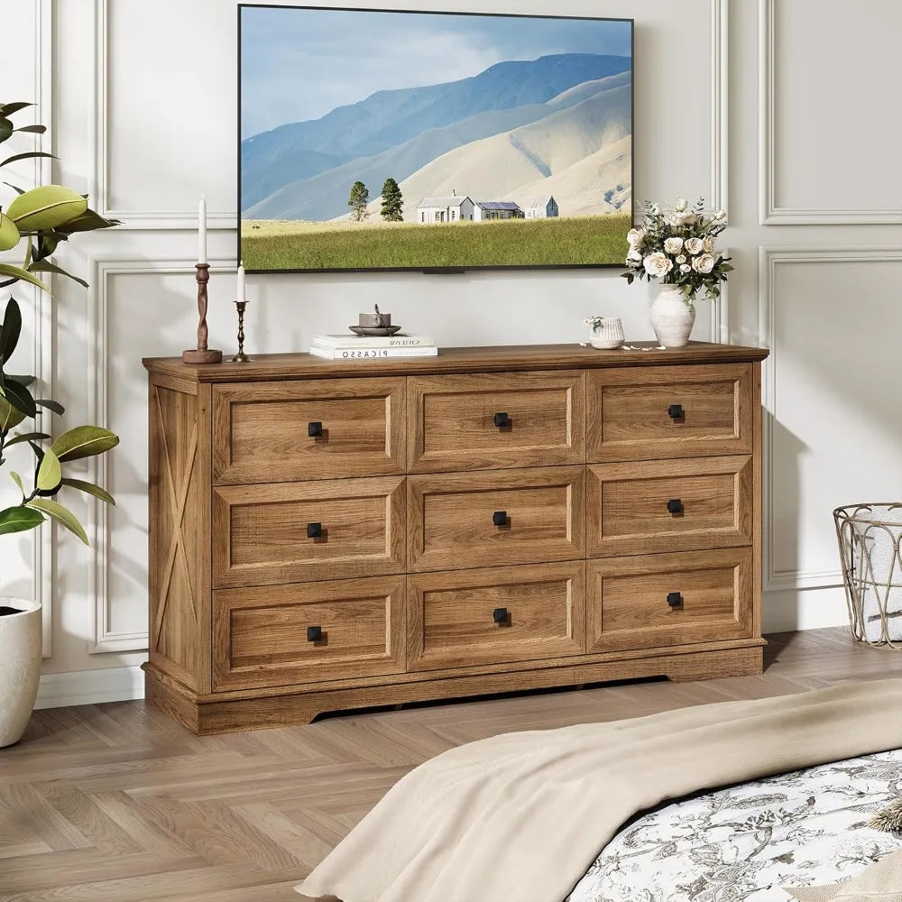 Farmhouse 9 Drawer Dresser 59 Inch Wide Bedroom Storage