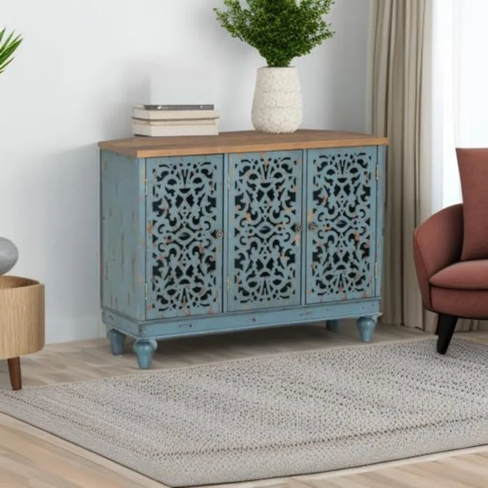 Blue Farmhouse Sideboard Buffet Cabinet With 3 Doors