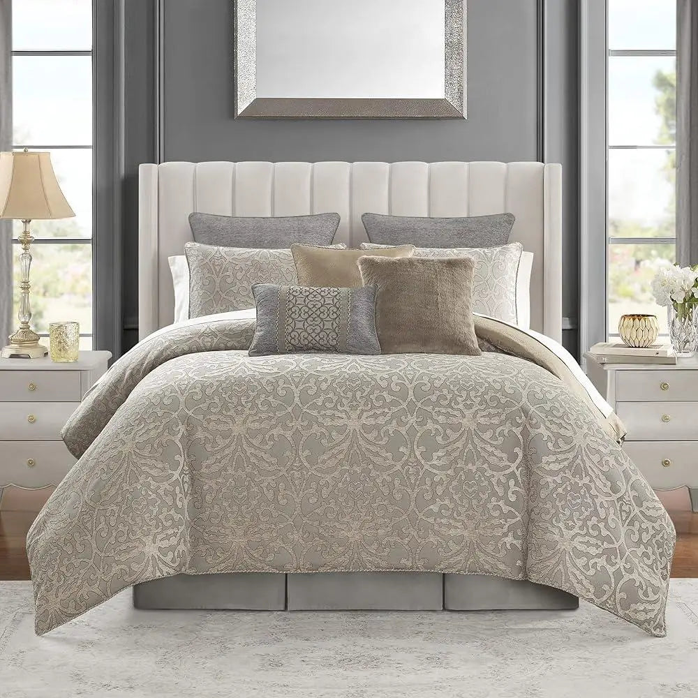 Medallion Grey 6PC Queen Comforter Set with Luxurious Jacquard Design