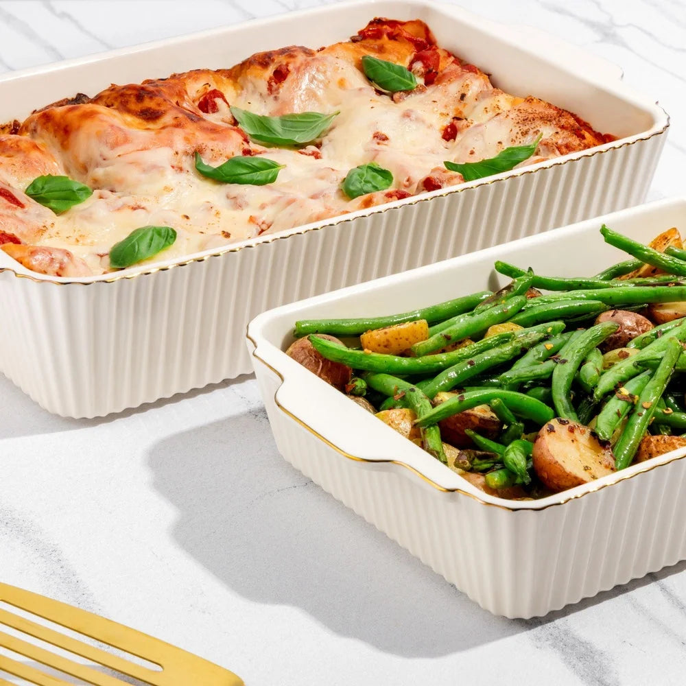2 Piece Ribbed Baking Dish Set With Lids Microwave Safe
