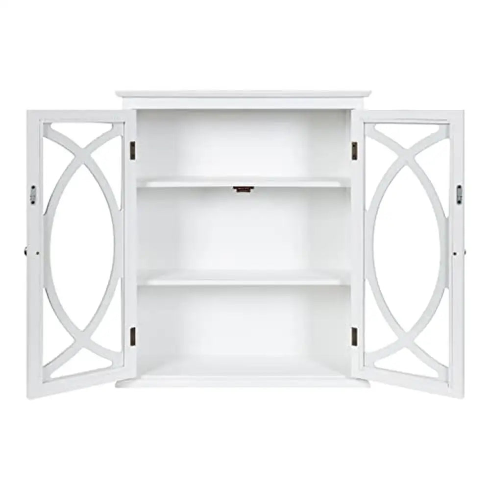 Wood Wall Cabinet White Glass French Doors Storage