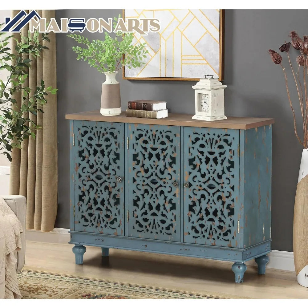 Blue Farmhouse Sideboard Buffet Cabinet With 3 Doors