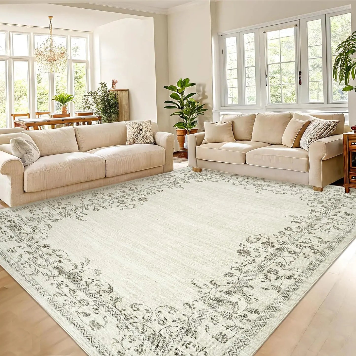 HiMISSH Floral Border Washable Area Rug For Living Room