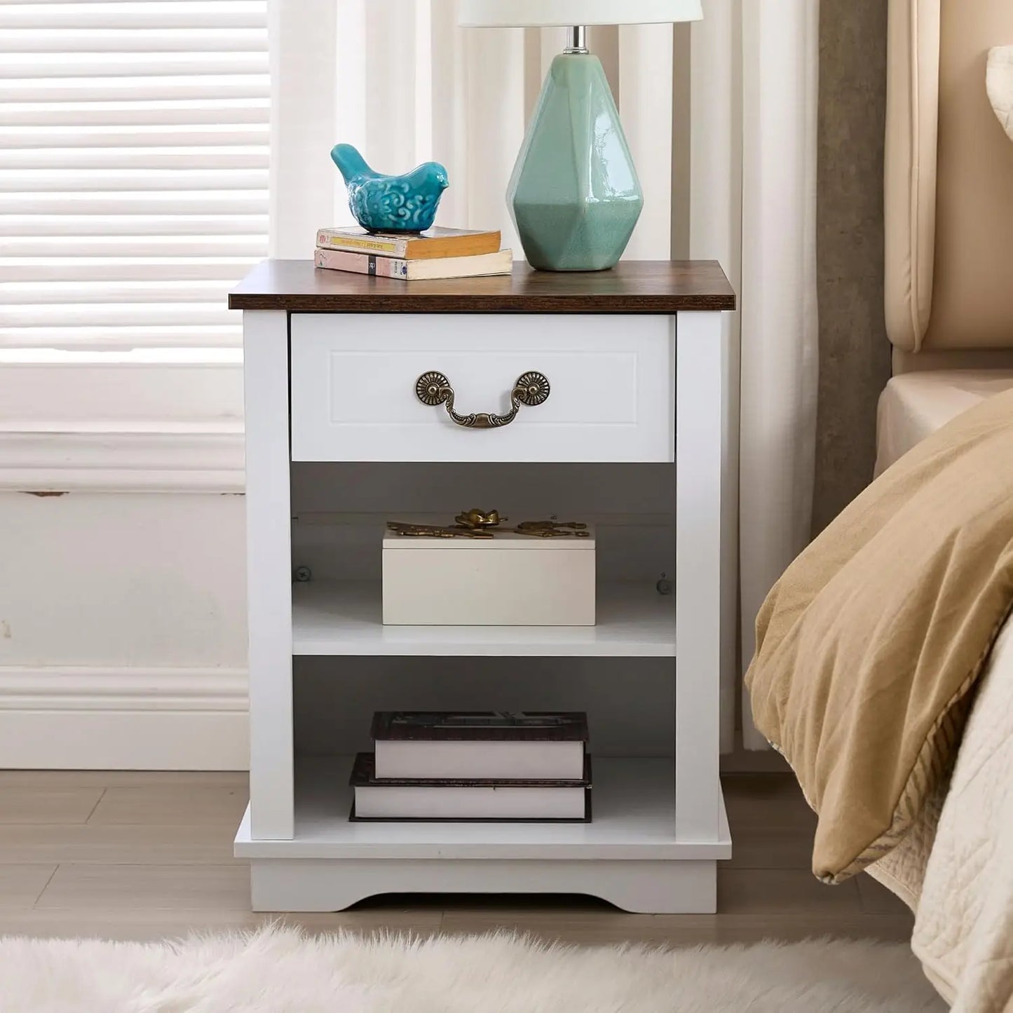 19 Inch Farmhouse Nightstand With Drawers And Shelves