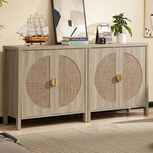 Rattan Cabinet Set 2 Boho Sideboard With Adjustable Shelves
