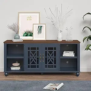 60 Inch Farmhouse TV Stand With Glass Doors And Shelves