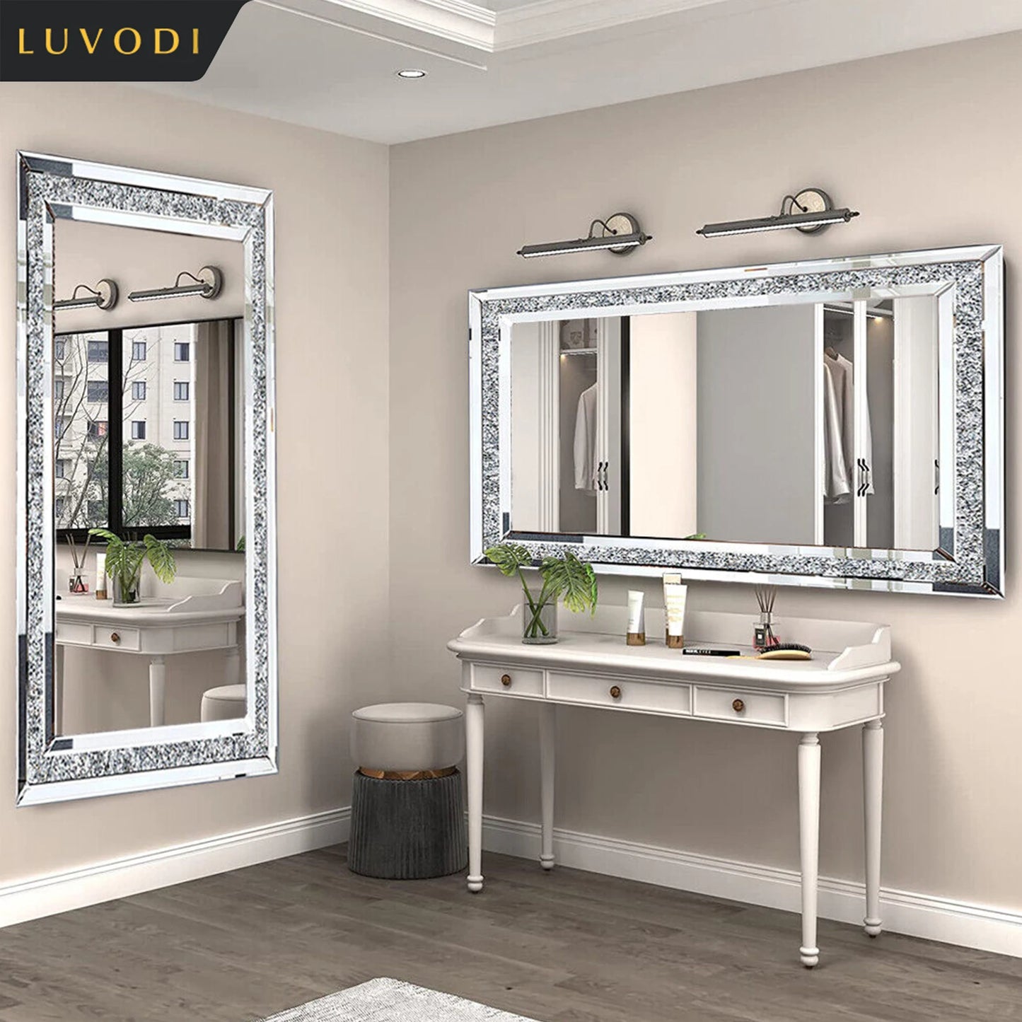 LUVODI Large Silver Crystal Rhinestone Framed Vanity Mirror