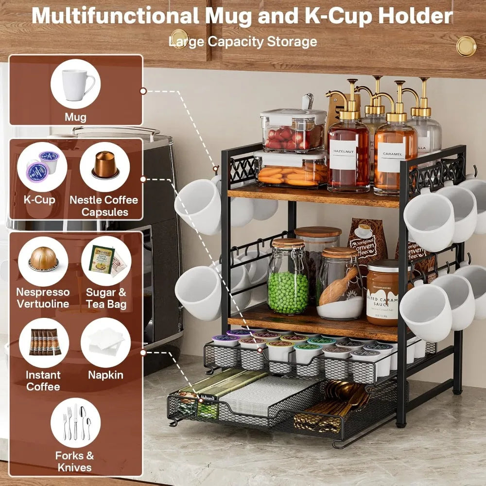 Coffee Bar Organizer Countertop Shelf 4 Tier Mug Holder