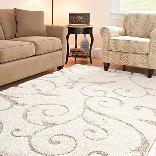 Soft Plush Cream Scroll Rug Non Shed Thick Cozy Area Rug
