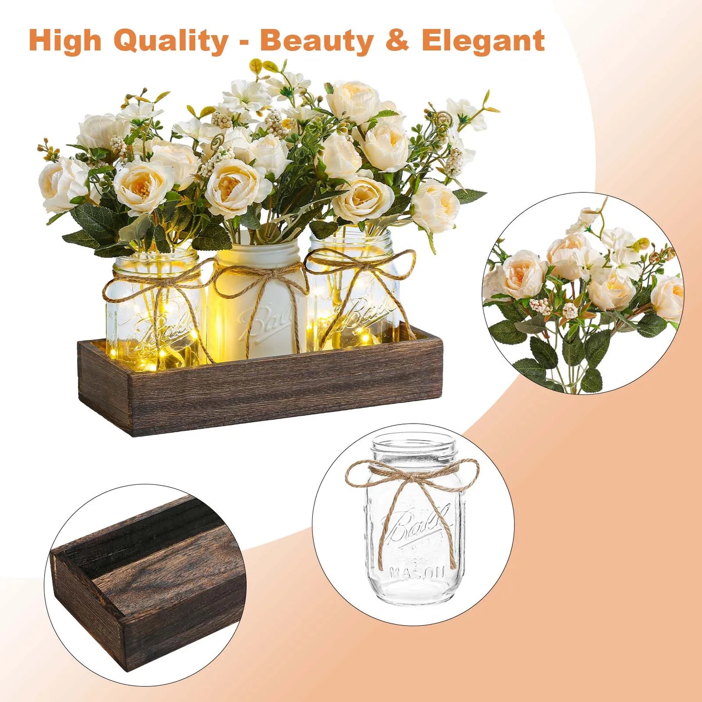 LED Silk Flowers In Wooden Box Vase For Home Office Decor