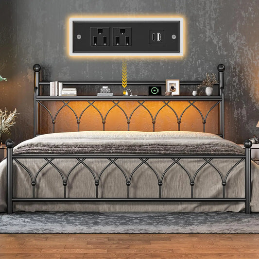 King Size Bed Frame With Headboard LED Lights Power Outlets