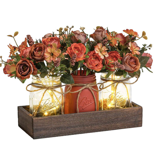 LED Silk Flowers In Wooden Box Vase For Home Office Decor