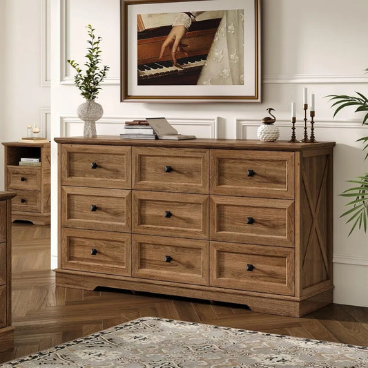 Farmhouse 9 Drawer Dresser 59 Inch Wide Bedroom Storage