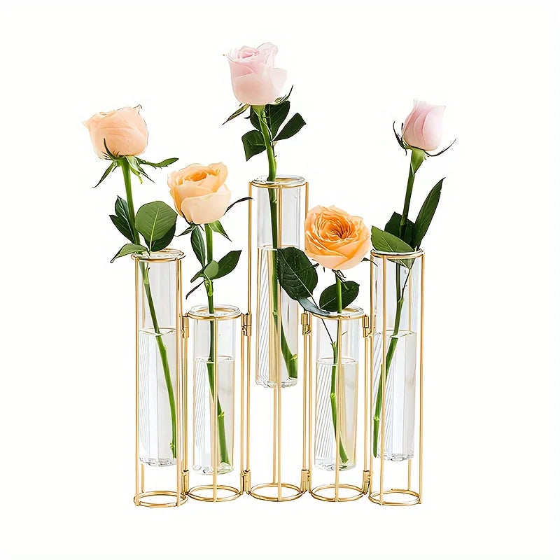 Gold Test Tube Vase Set With 5 Tubes And Stand Centerpiece