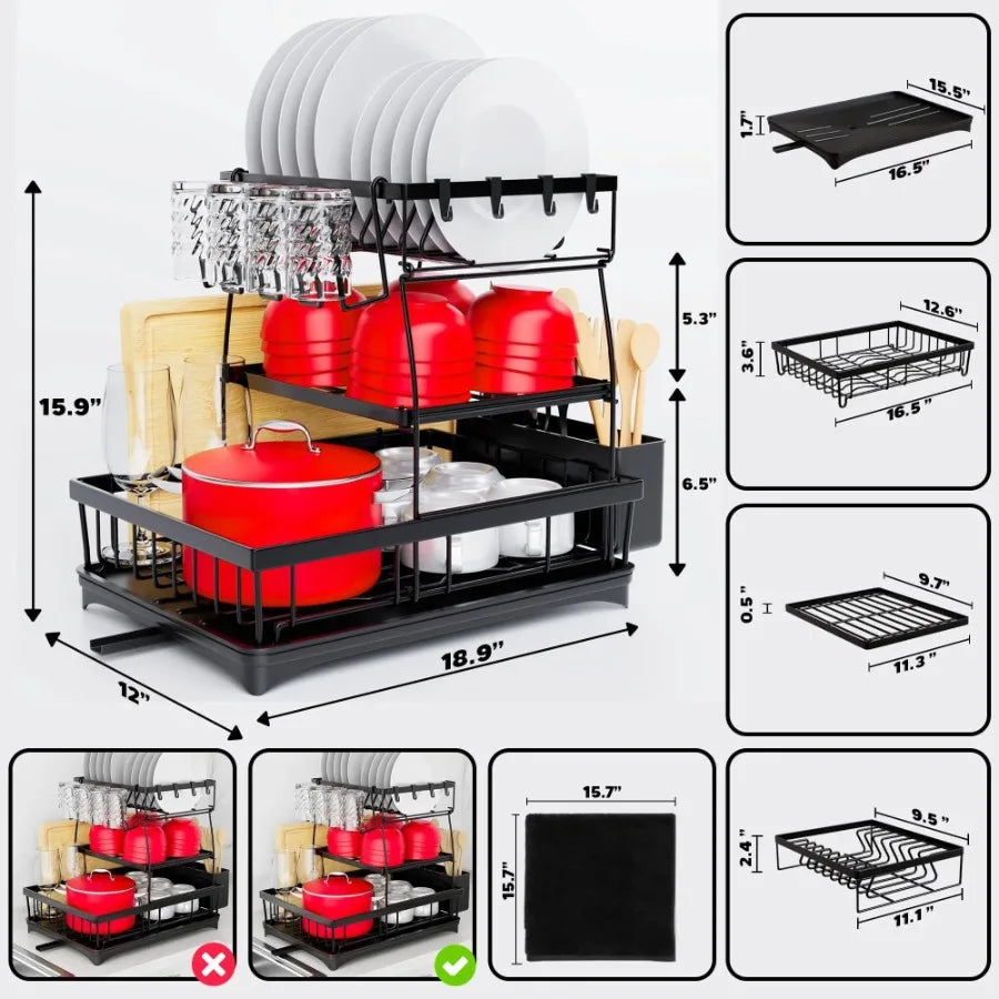3 Tier Dish Drying Rack Over Sink Stainless Steel Drainage