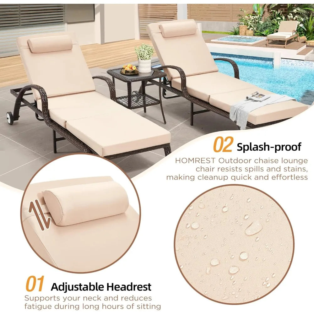 Wicker Chaise Lounge Chairs Set Of 2 With Side Table Wheels