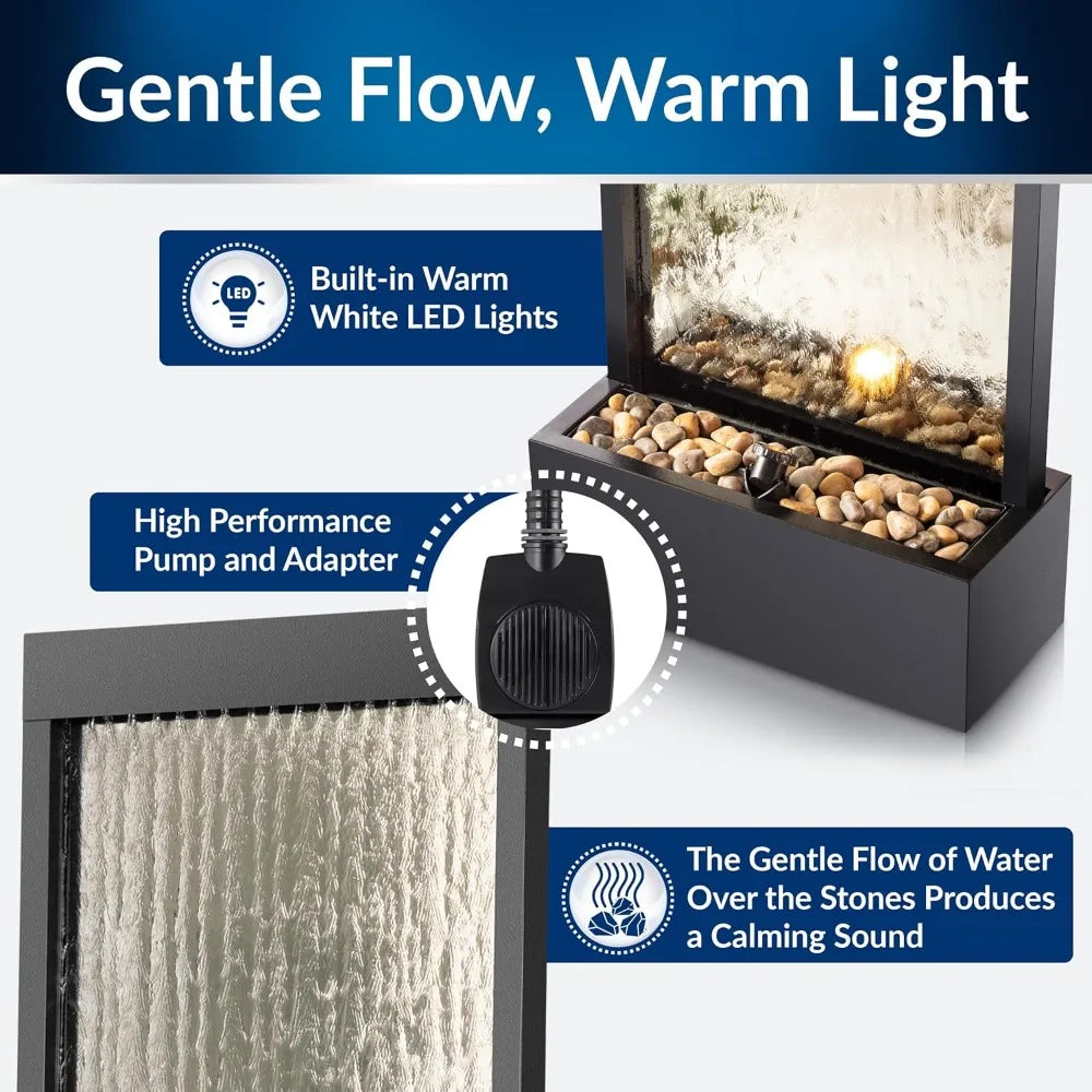 Mirror Waterfall Fountain With Stones And Lights Zen Decor