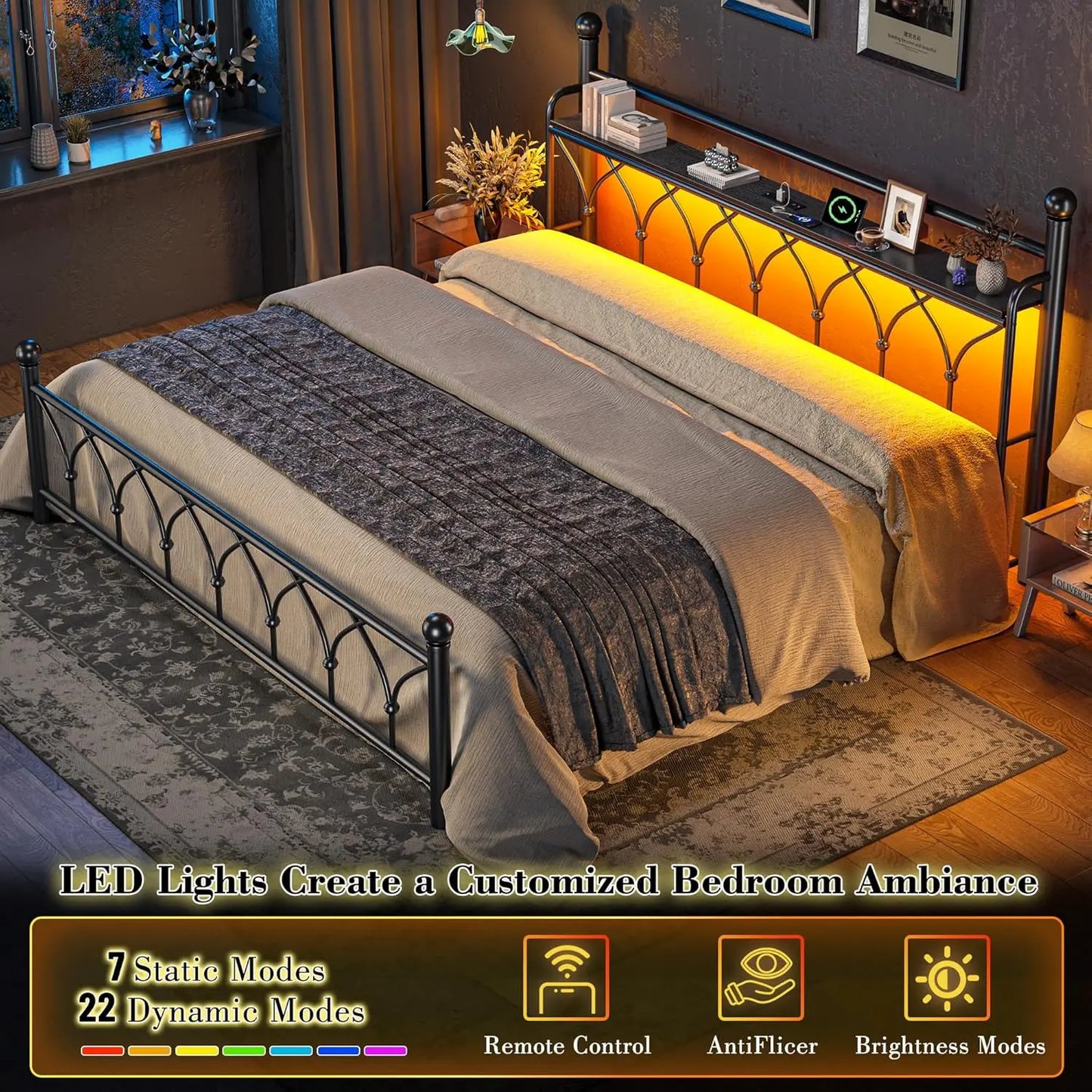 King Size Bed Frame With Headboard LED Lights Power Outlets