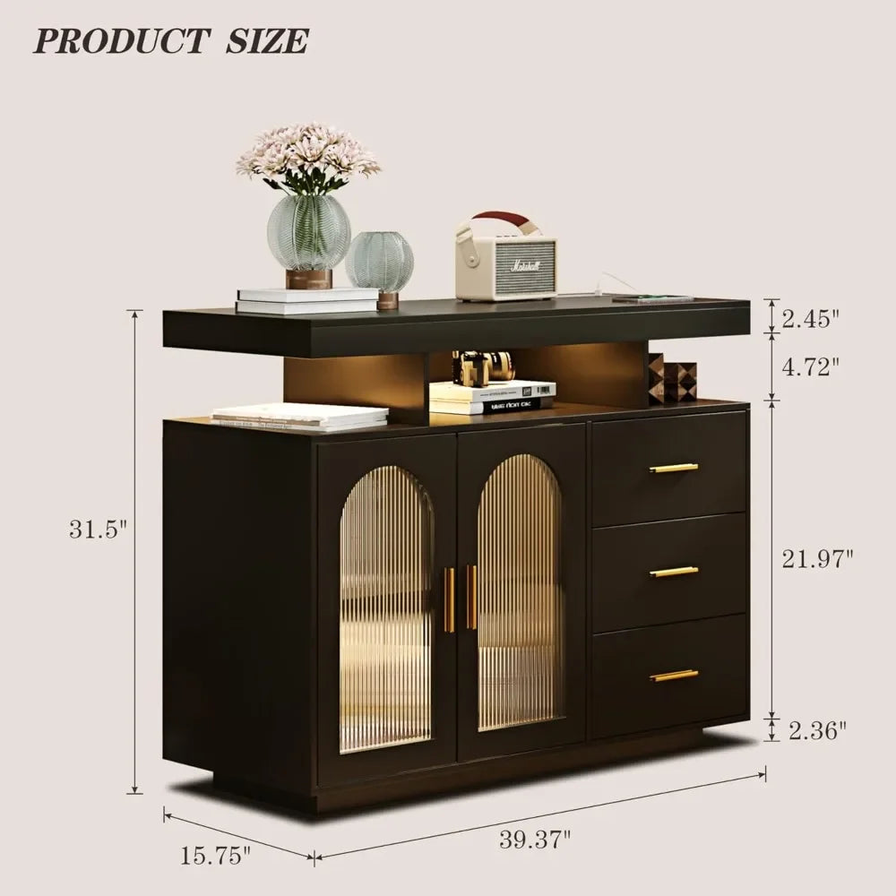 LED Coffee Bar Cabinet With Shelf Wood Sideboard Buffet