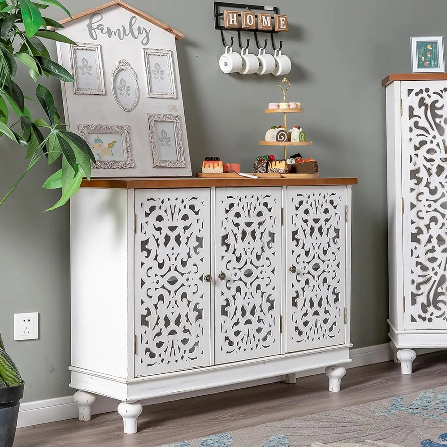 Blue Farmhouse Sideboard Buffet Cabinet With 3 Doors