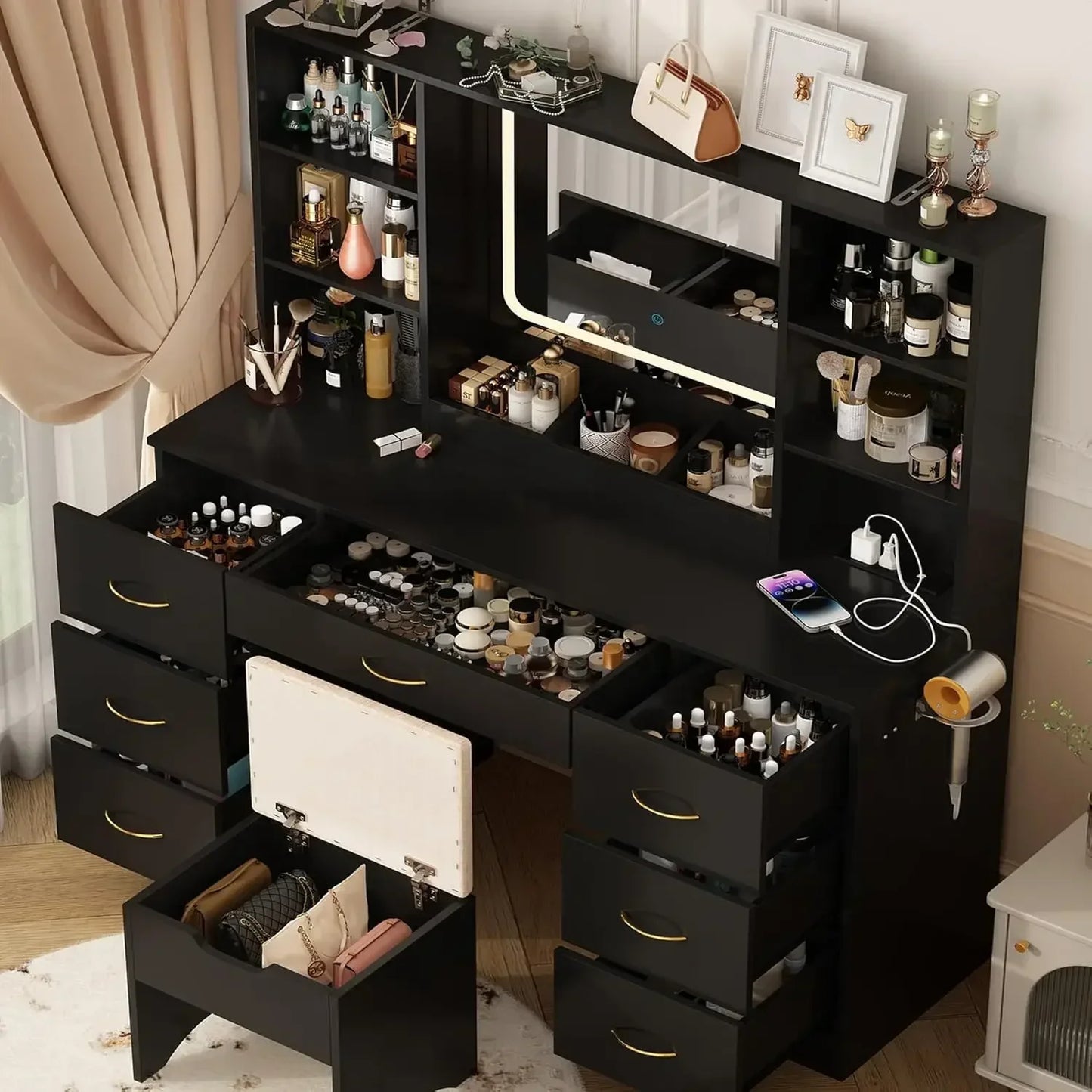 47 Inch Vanity Desk With Mirror And LED Lights 3 Modes Black
