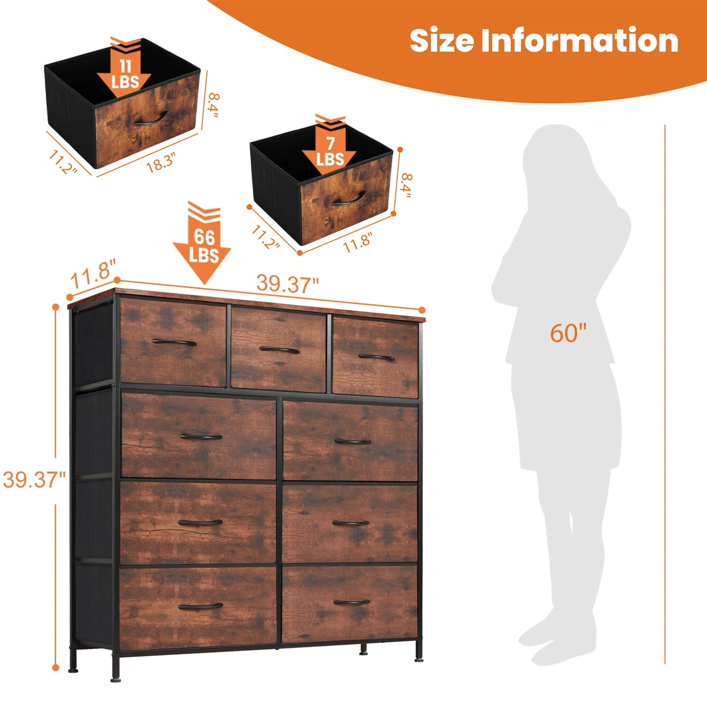 JHK Modern Dresser With 9 Fabric Drawers For Organized Storage