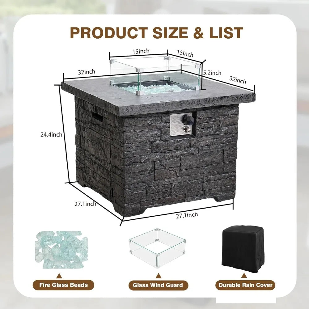 4 Piece Propane Fire Pit Table Set Glass Wind Guard 32 Inch