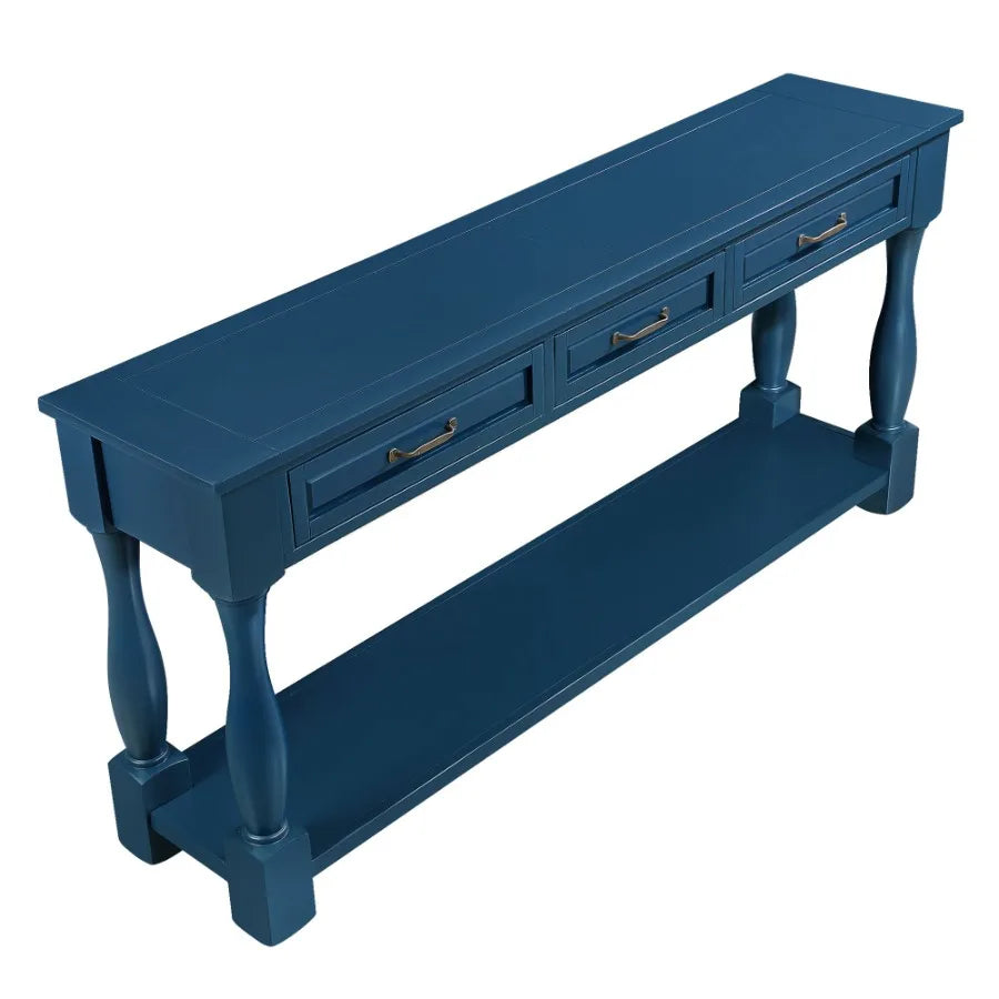 63 Inch Long Wood Console Table With 3 Drawers Navy Blue