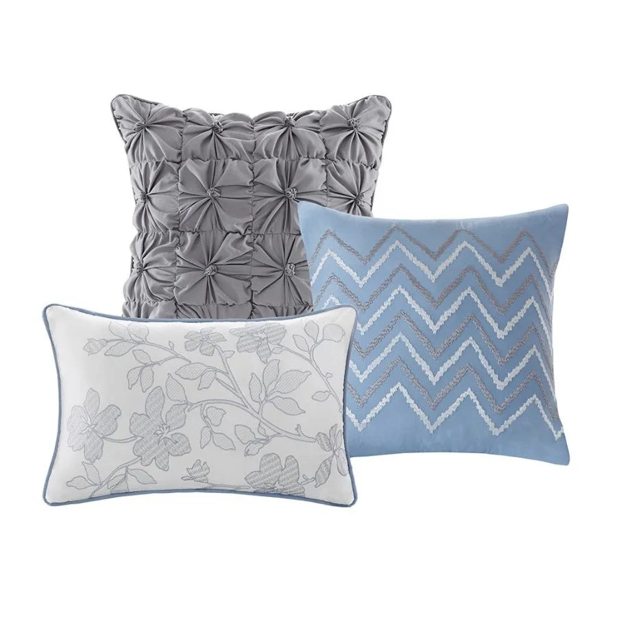 Blue 6 Piece Printed Quilt Set With Throw Pillows Queen