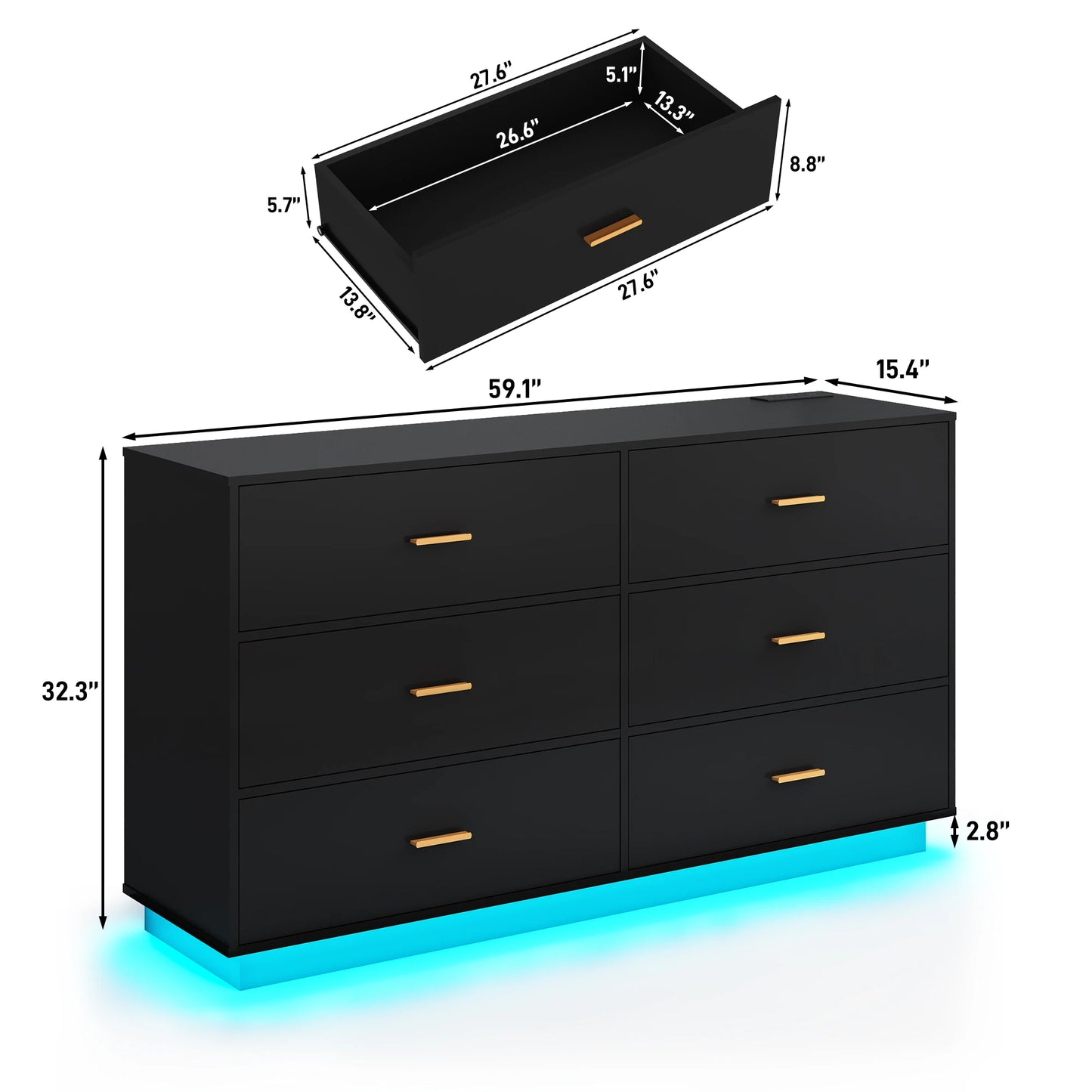 6 Drawer Dresser With Power Outlet LED Lights For Bedroom