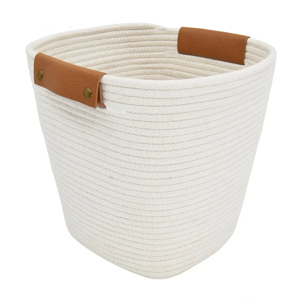 Medium Cotton Rope Storage Basket With Faux Leather Handles
