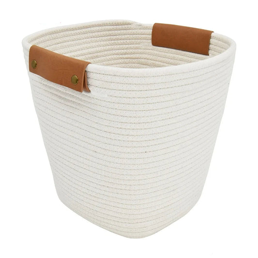 Medium Cotton Rope Storage Basket With Faux Leather Handles
