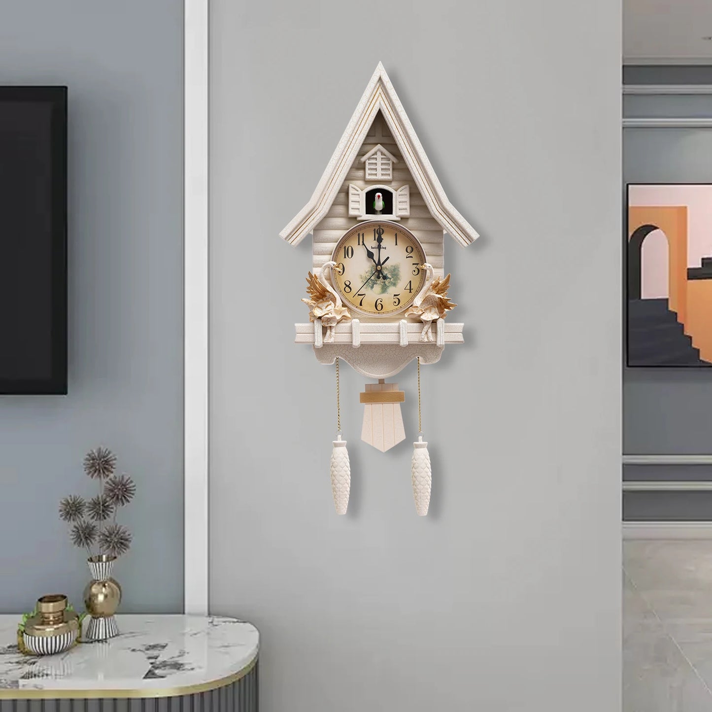 White Cuckoo Wall Clock Antique Battery Operated Creative