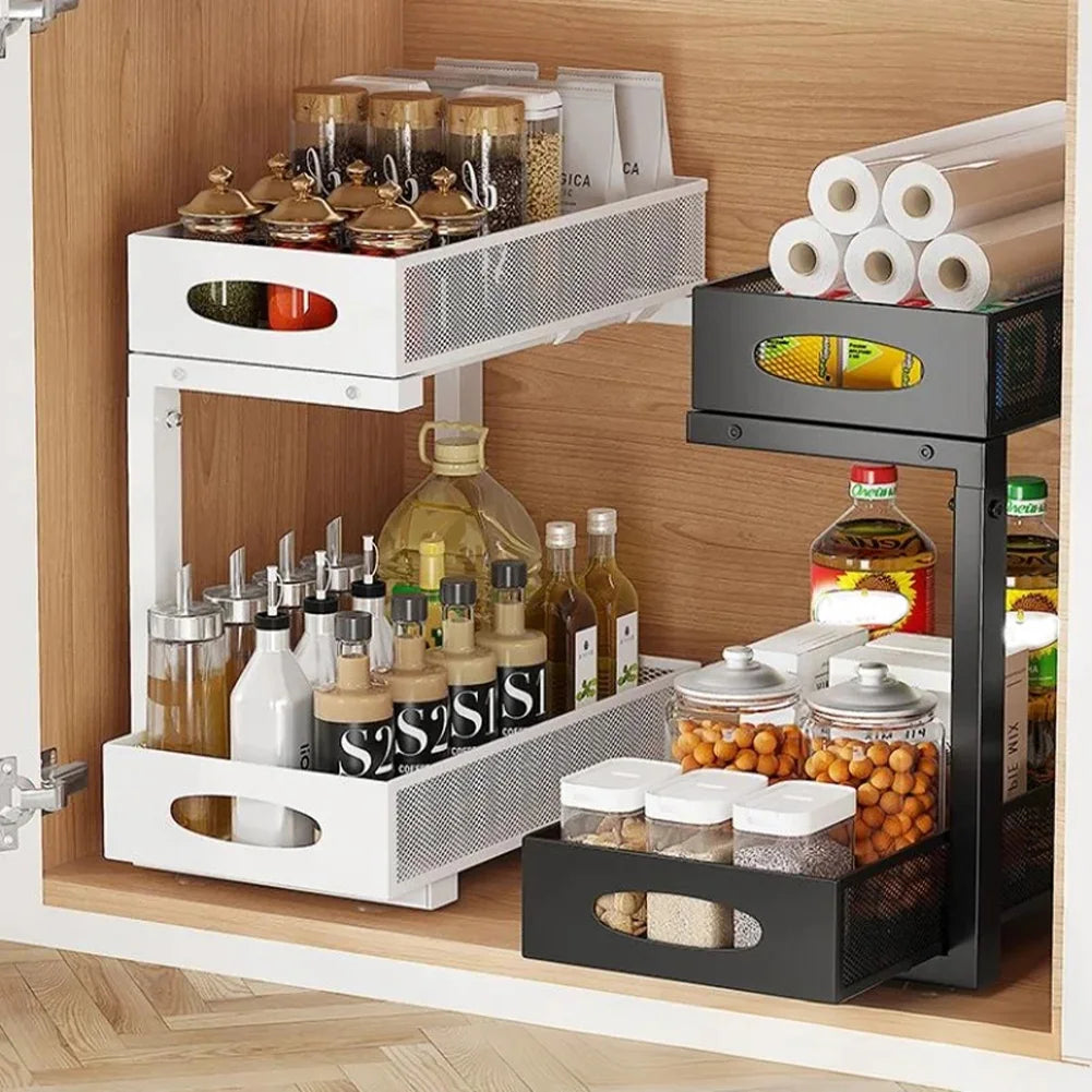 2 Tier Adjustable Under Sink Organizer with Sliding Drawer