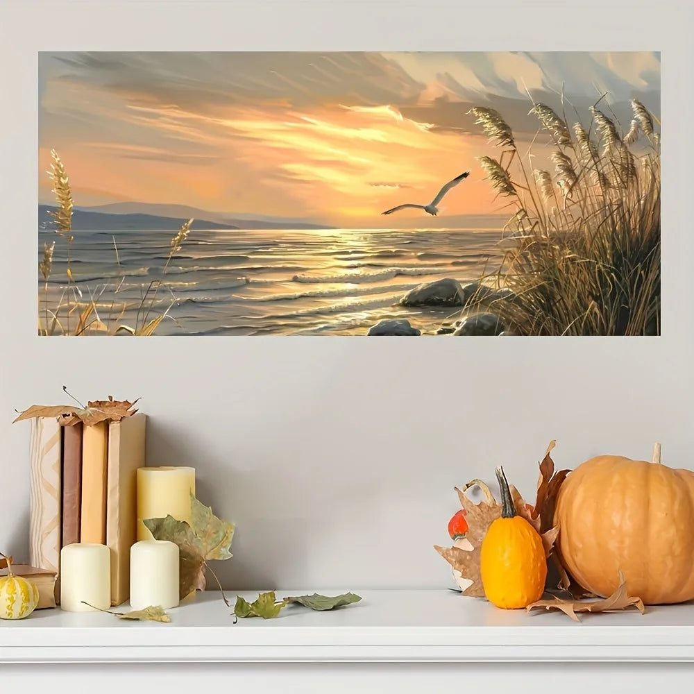 Sunset Beach Art Canvas Print with Pine Wood Frame