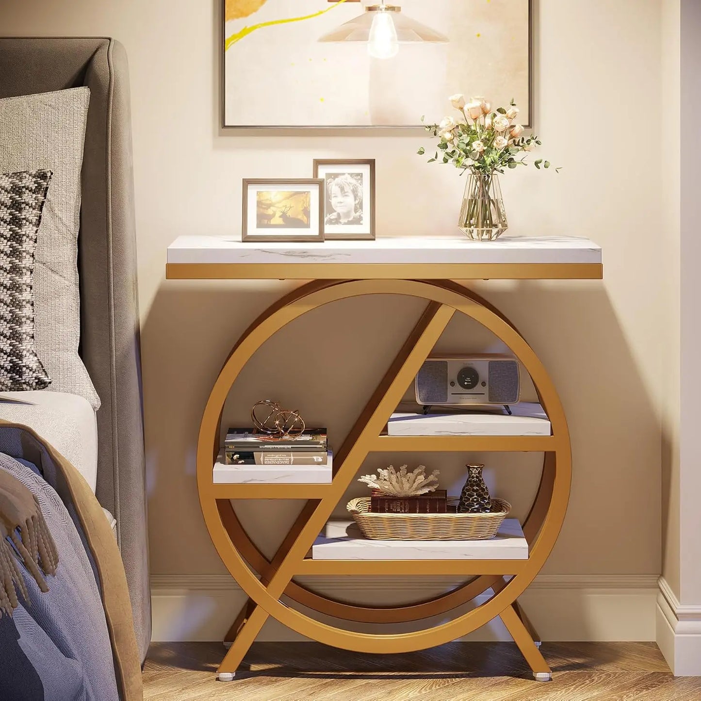 3 Tier Faux Marble End Table With Storage For Living Room