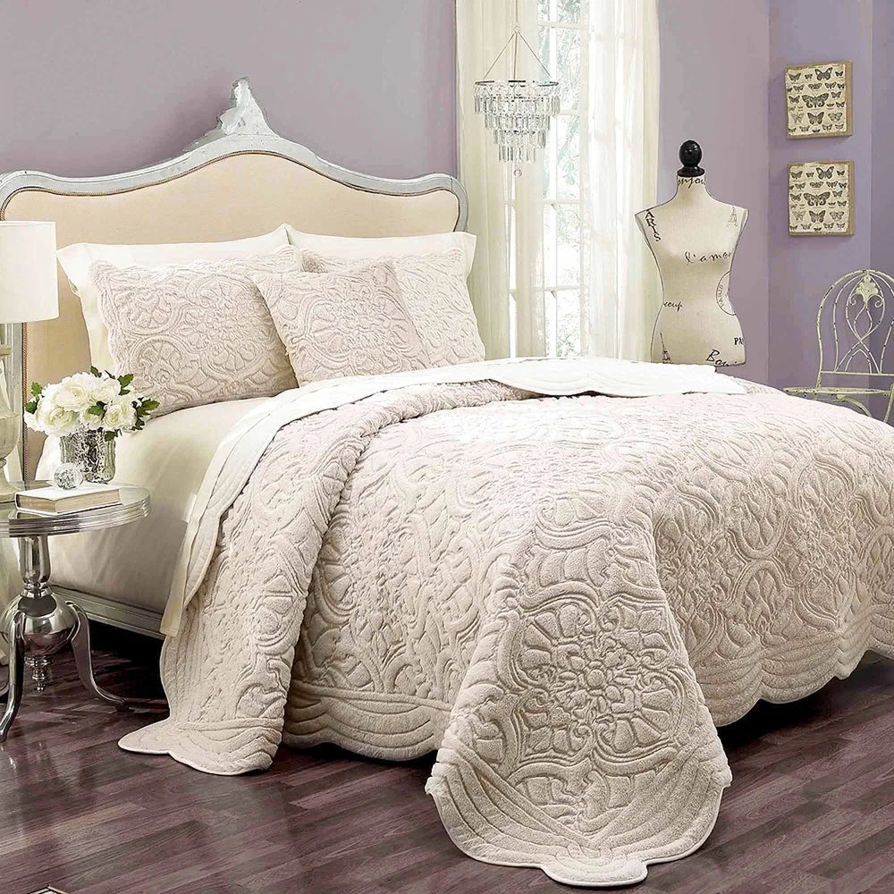 Luxurious Faux Fur Coverlet Set With Embroidered Shams Queen