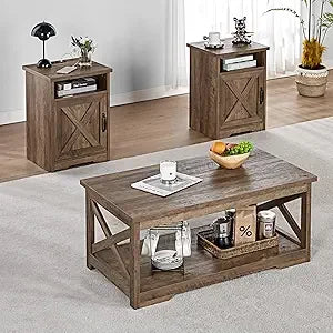 Farmhouse 3-Piece Living Room Table Set with USB Charging