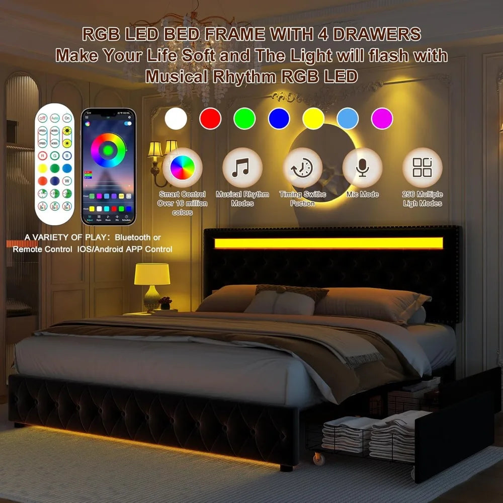 Led Bed Frame With 4 Storage Drawers And Smart Lights