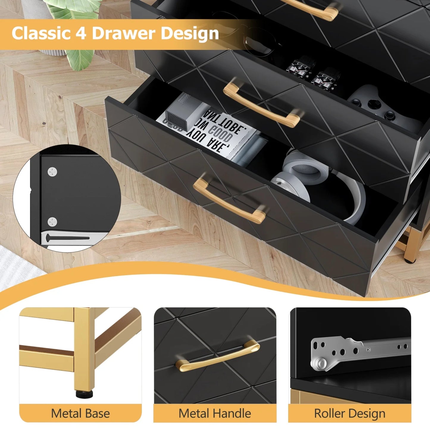 HiMISS Wooden Dresser Bedroom With 4 Drawers Storage Chest