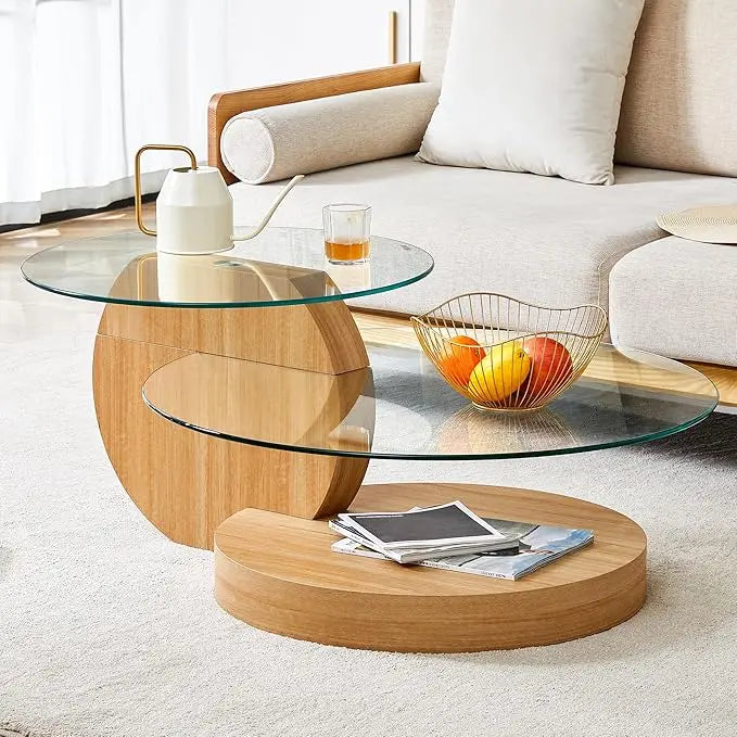 Round Glass Coffee Table Wooden Base Mid Century Modern