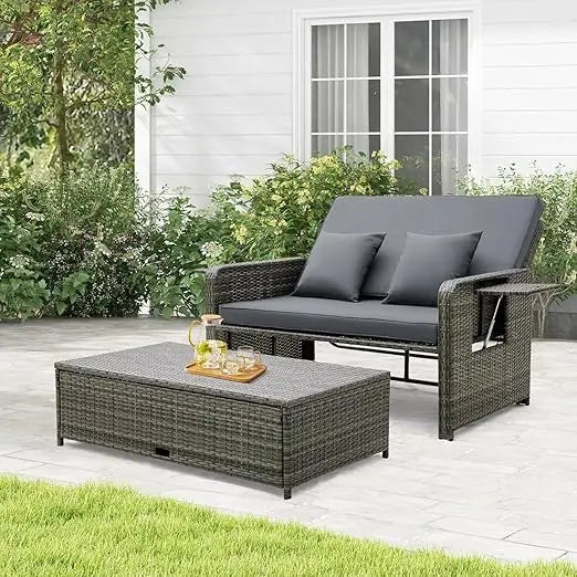 Moccha Outdoor Daybed Wicker Sofa Set With Storage Ottoman