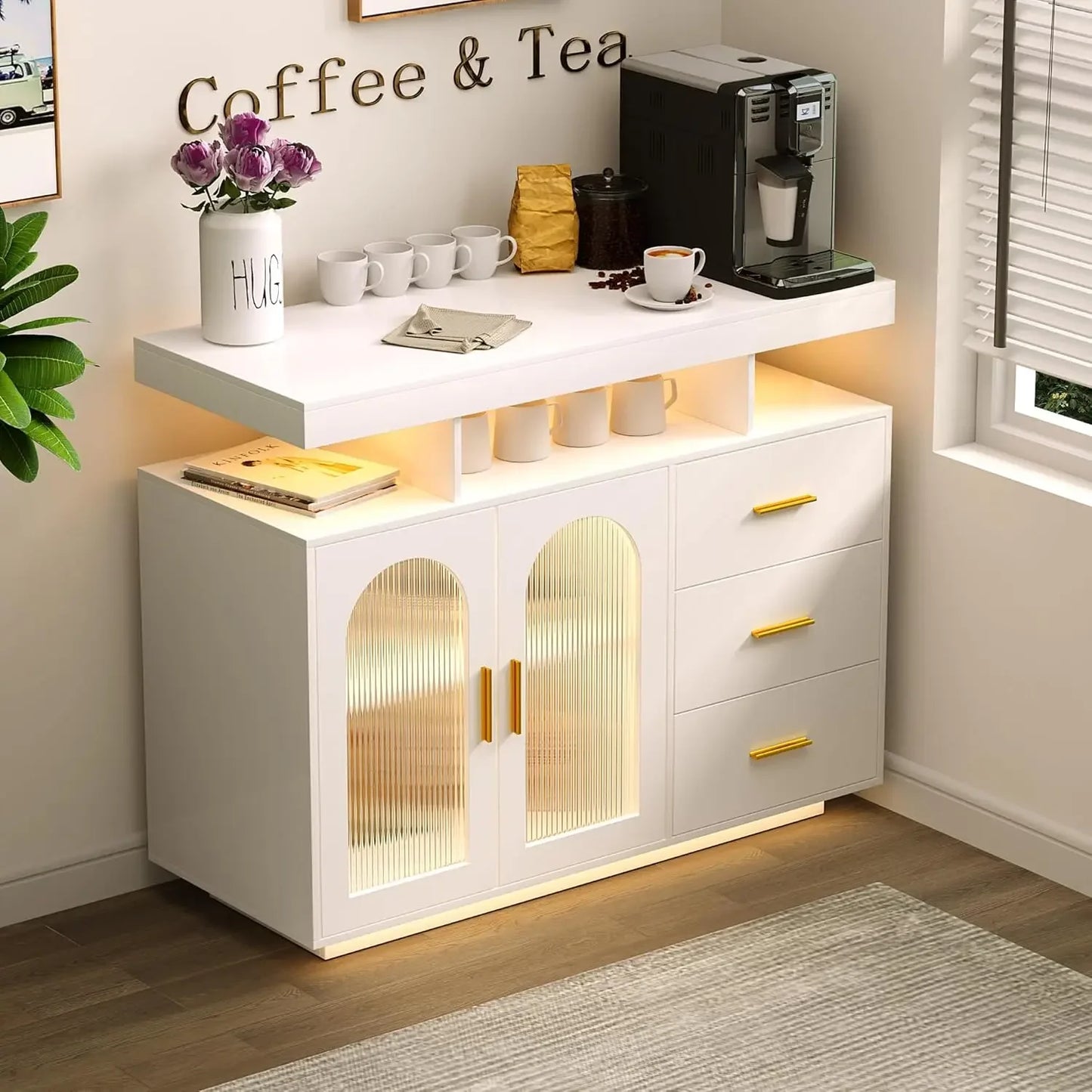 LED Coffee Bar Cabinet With Shelf Wood Sideboard Buffet