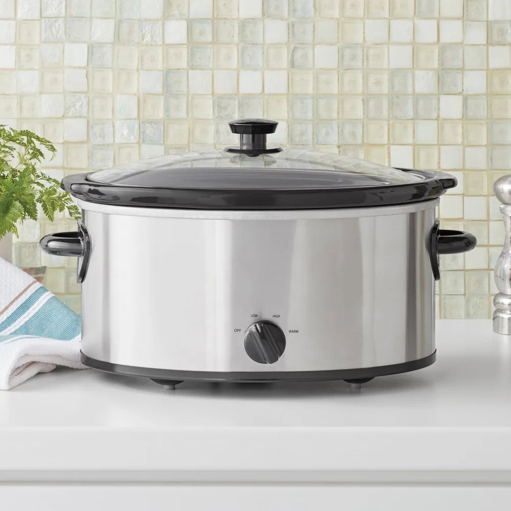 6 Quart Stainless Steel Slow Cooker Glass Lid 3 Settings