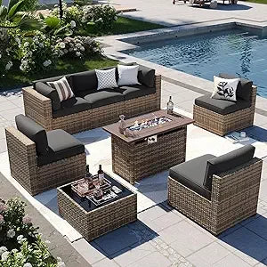 8-Piece Wicker Patio Furniture Set with Firepit Table