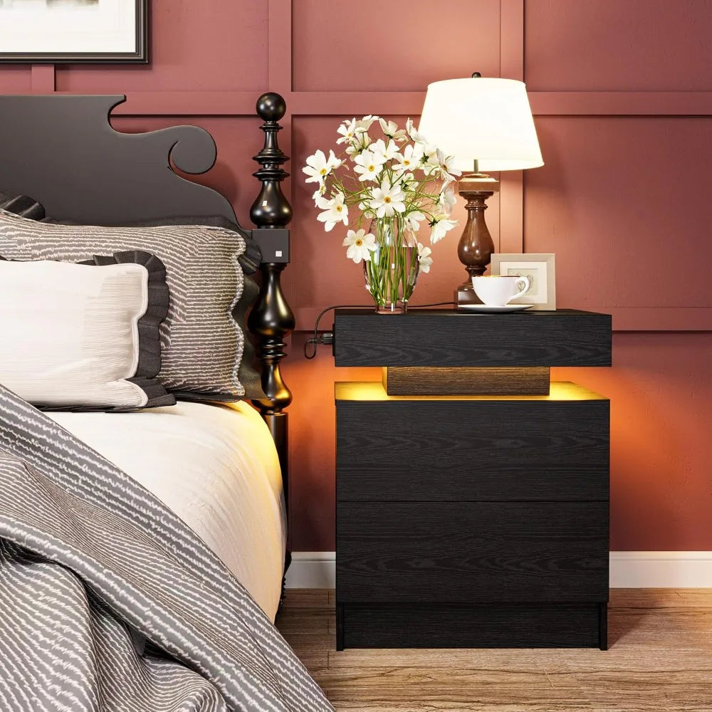 Modern Black Nightstand With Charging Station And Drawers