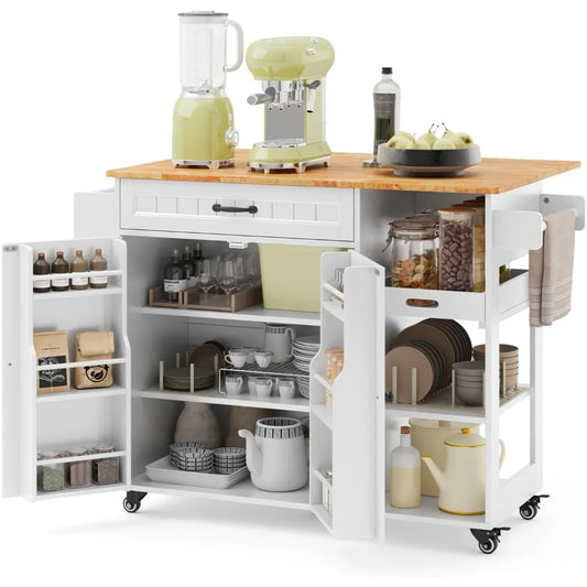 Rolling Kitchen Island, 41.7" Wide Folding Countertop, Kitchen Island with Storage, 5 Wheels, Adjustable Shelves