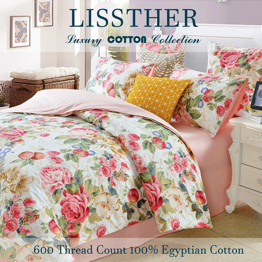 600 TC Egyptian Cotton Duvet Cover Set Soft Vintage Floral Design