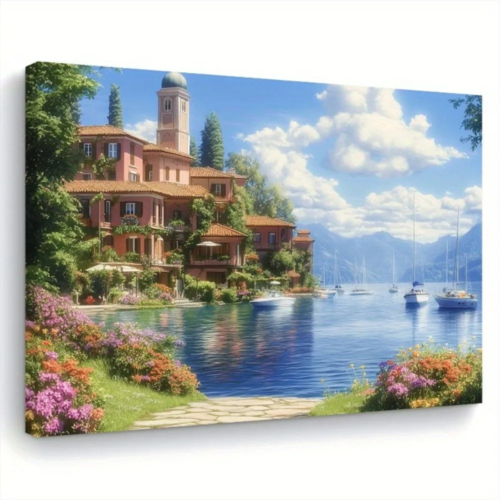Chunky Wood Pine Frame Seascape Mural Canvas Sailboat Decor