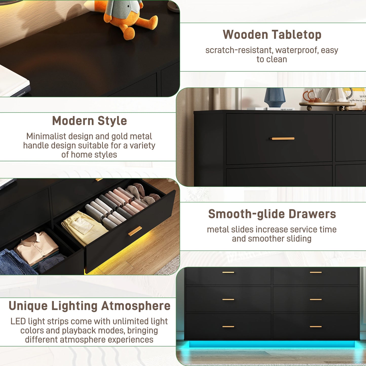 6 Drawer Dresser With Power Outlet LED Lights For Bedroom